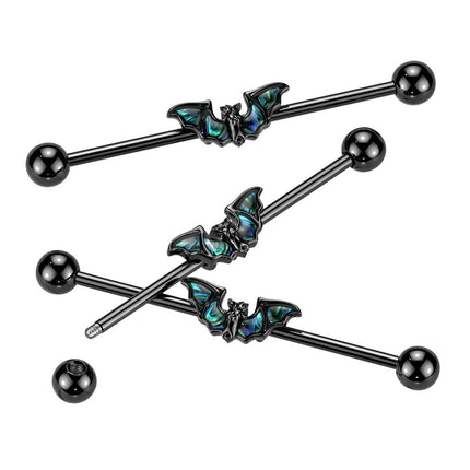 Black Industrial Barbell With Abalone Winged Bat