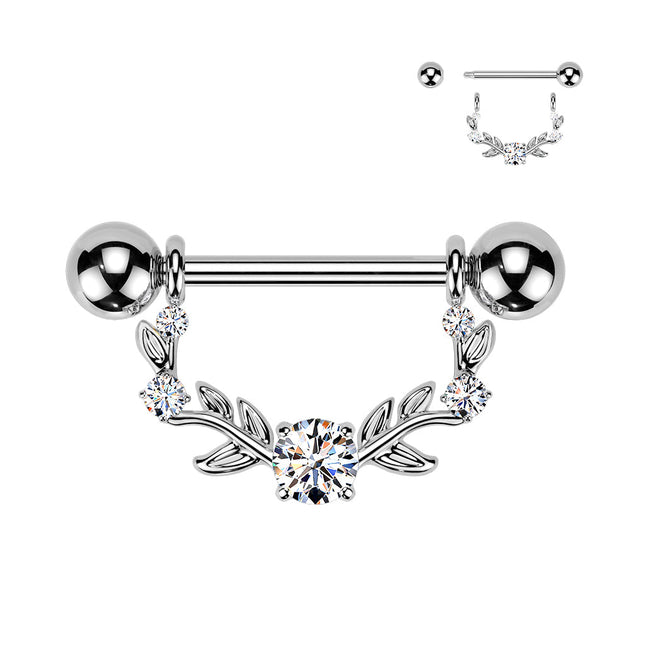 Nipple Barbell with Clear Crystal Vine Dangle