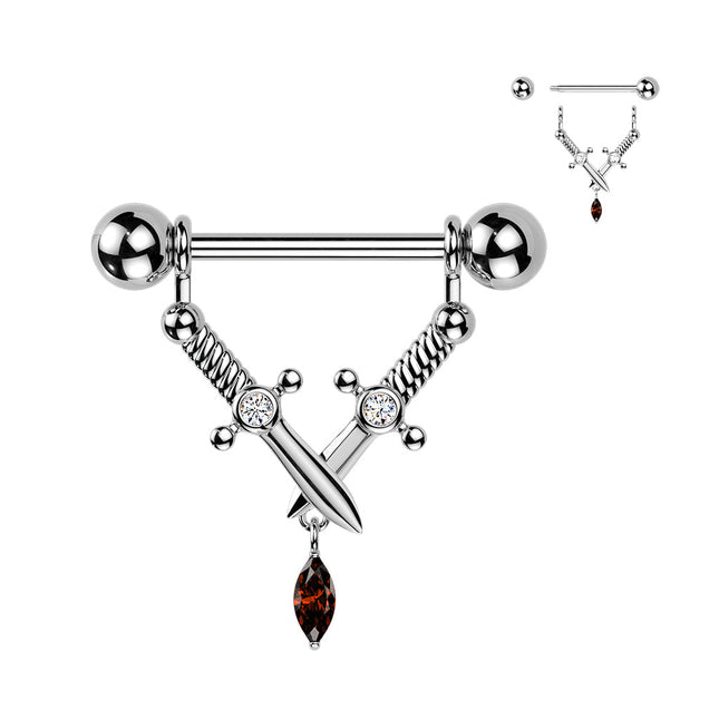 Nipple Barbell with Crossed Daggers and Marquise Dangle