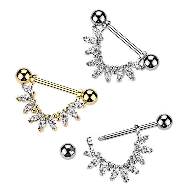 Nipple Barbell with Marquise Clear Crystal Fan Dangle