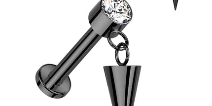 Titanium Internally Threaded Labret With Round Bezel Set Clear Gem and Cone Dangle Top