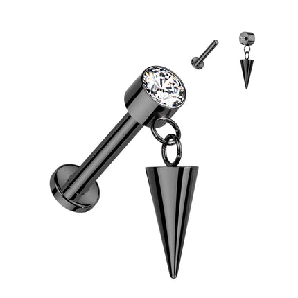 Titanium Internally Threaded Labret With Round Bezel Set Clear Gem and Cone Dangle Top
