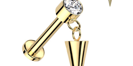 Titanium Internally Threaded Labret With Round Bezel Set Clear Gem and Cone Dangle Top