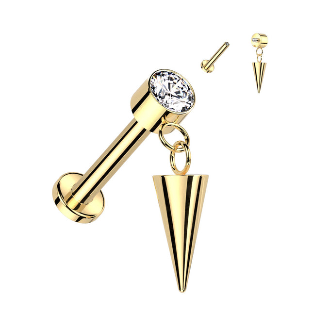 Titanium Internally Threaded Labret With Round Bezel Set Clear Gem and Cone Dangle Top