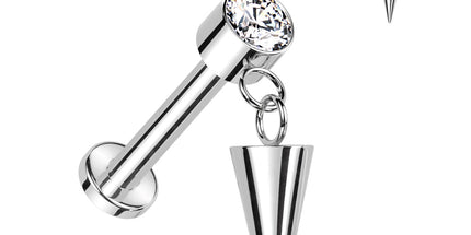 Titanium Internally Threaded Labret With Round Bezel Set Clear Gem and Cone Dangle Top