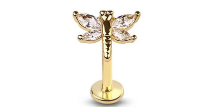 Brass plated CZ or Silver prong dragonfly (alloy) internally threaded 316l surgical steel labret/monroe with prong set CZ