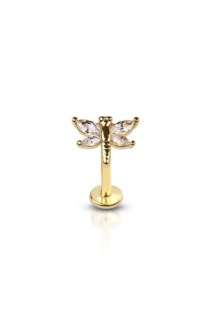 Brass plated CZ or Silver prong dragonfly (alloy) internally threaded 316l surgical steel labret/monroe with prong set CZ
