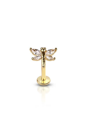 PierceOff Brass plated CZ or Silver prong dragonfly (alloy) internally threaded 316l surgical steel labret/monroe with prong set CZ