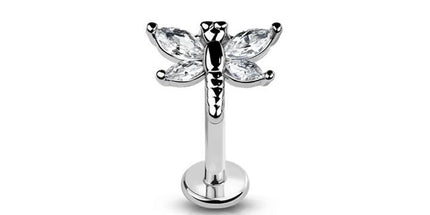Brass plated CZ or Silver prong dragonfly (alloy) internally threaded 316l surgical steel labret/monroe with prong set CZ