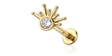 Gold plated starburst half with CZ internally threaded 316l surgical steel labret stud set