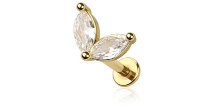 Gold plated CZ prong double marquise gem top 316l surgical steel labret set