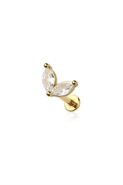 Gold plated CZ prong double marquise gem top 316l surgical steel labret set