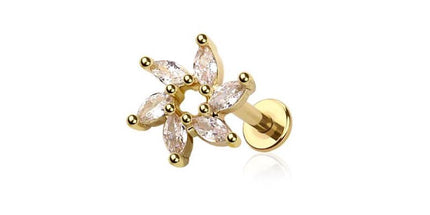 Gold colour CZ prong spiral marquise sun gem top 316l surgical steel labret