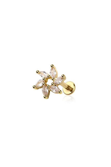 Gold colour CZ prong spiral marquise sun gem top 316l surgical steel labret