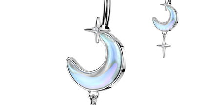 Aurora Borealis Crescent Moon with Star Dangle Navel Bar