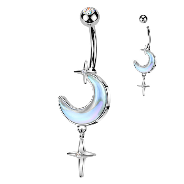 Aurora Borealis Crescent Moon with Star Dangle Navel Bar