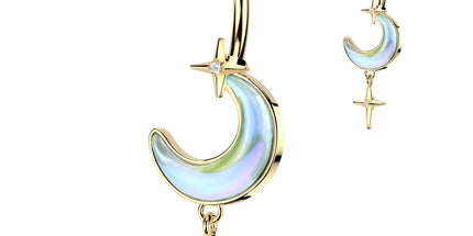 Aurora Borealis Crescent Moon with Star Dangle Navel Bar
