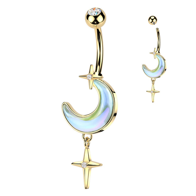 Aurora Borealis Crescent Moon with Star Dangle Navel Bar