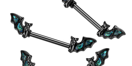 Black 316L Surgical Steel Nipple Barbell With Abalone Bat Wing on Each End