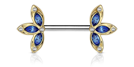 Nipple Barbells With Crystal 3 Petal Flower Ends Blue / Clear, Clear Silver, Pink / Clear Silver & Red / Clear Gold