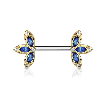 Nipple Barbells With Crystal 3 Petal Flower Ends Blue / Clear, Clear Silver, Pink / Clear Silver & Red / Clear Gold