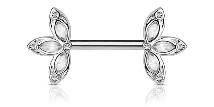Nipple Barbells With Crystal 3 Petal Flower Ends Blue / Clear, Clear Silver, Pink / Clear Silver & Red / Clear Gold