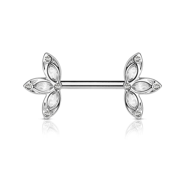 Nipple Barbells With Crystal 3 Petal Flower Ends Blue / Clear, Clear Silver, Pink / Clear Silver & Red / Clear Gold