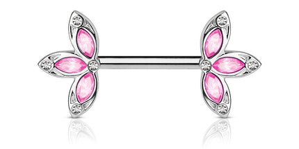 Nipple Barbells With Crystal 3 Petal Flower Ends Blue / Clear, Clear Silver, Pink / Clear Silver & Red / Clear Gold