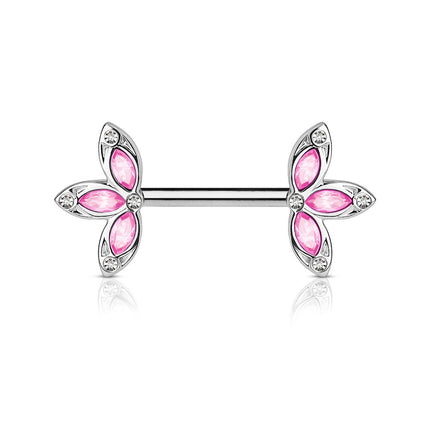 Nipple Barbells With Crystal 3 Petal Flower Ends Blue / Clear, Clear Silver, Pink / Clear Silver & Red / Clear Gold