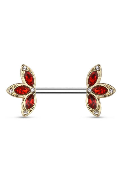 Nipple Barbells With Crystal 3 Petal Flower Ends Blue / Clear, Clear Silver, Pink / Clear Silver & Red / Clear Gold