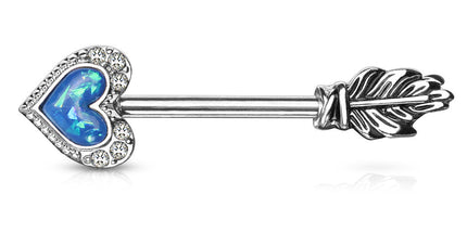 Nipple Barbell Opal Heart Arrow with Feather End