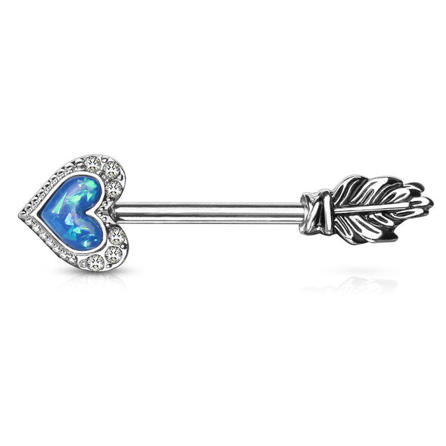 Nipple Barbell Opal Heart Arrow with Feather End