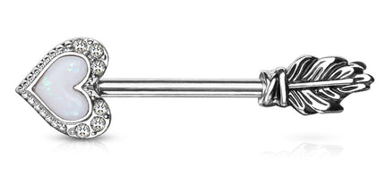 Nipple Barbell Opal Heart Arrow with Feather End