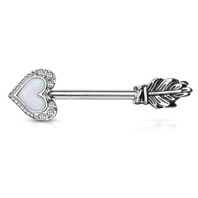 Nipple Barbell Opal Heart Arrow with Feather End