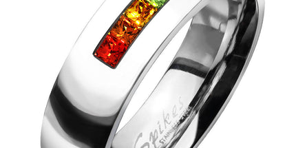 Centered String of Rainbow Color Gems Band Ring Stainless Steel