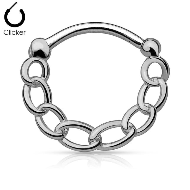 Round Septum Clicker With Linked Chain - In Gold PVD, Silver & Hematite
