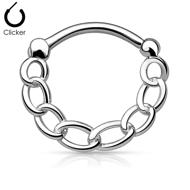 Round Septum Clicker With Linked Chain - In Gold PVD, Silver & Hematite