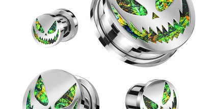 Green Opal Glitter Halloween Smile Steel Screw Fit Tunnel