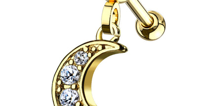 Clear Gem Paved Moon Barbell Stud Gold PVD