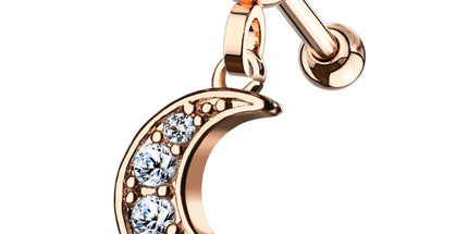 Clear Gem Paved Moon Barbell Stud Gold PVD