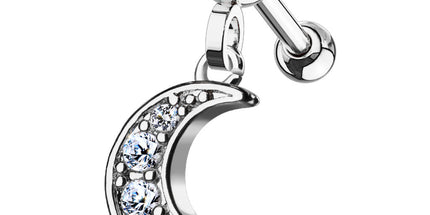 Clear Gem Paved Moon Barbell Stud Gold PVD