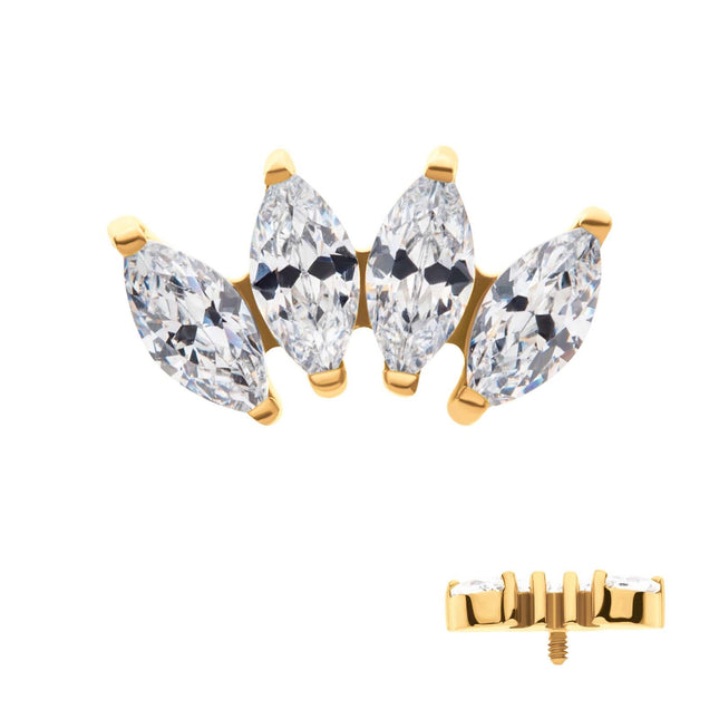 Invictus 24Kt Gold PVD Titanium Internally Threaded with Prong Set Marquise CZ 4 Cluster Top