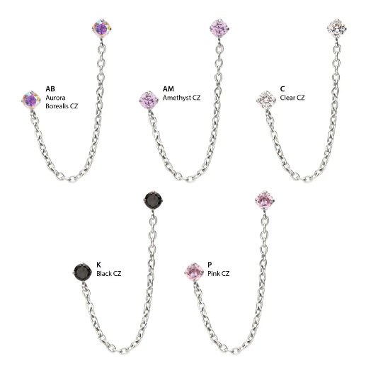 Titanium Threadless Double Prong Set Gem Top with Rolo Chain Dangle