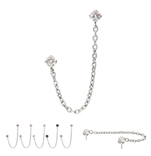 Titanium Threadless Double Prong Set Gem Top with Rolo Chain Dangle
