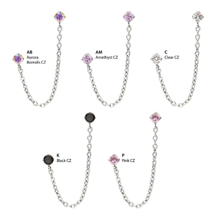 Titanium Threadless Double Prong Set Gem Top with Rolo Chain Dangle