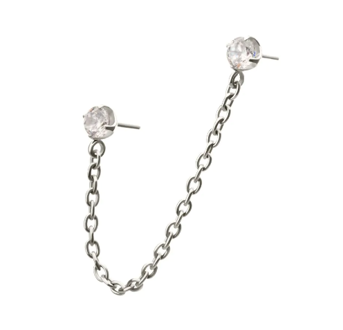 Titanium Threadless Double Prong Set Gem Top with Rolo Chain Dangle