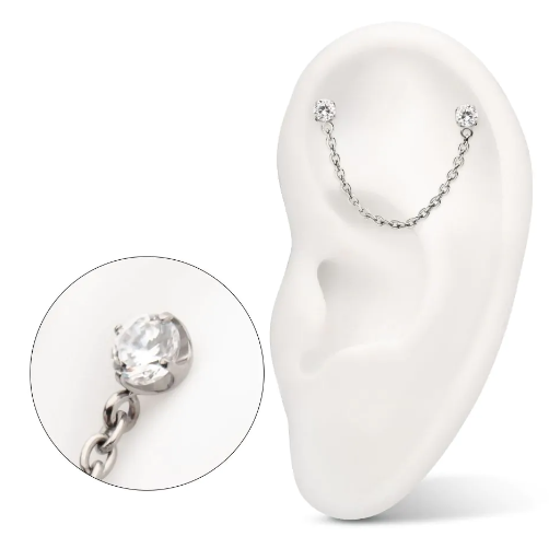 Titanium Threadless Double Prong Set Gem Top with Rolo Chain Dangle
