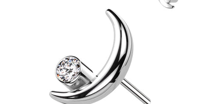 Implant Grade Titanium Threaded Push In Crescent Moon Top With Bezel Set Clear Gem in Silver & Gold