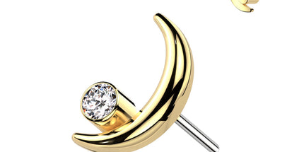 Implant Grade Titanium Threaded Push In Crescent Moon Top With Bezel Set Clear Gem in Silver & Gold