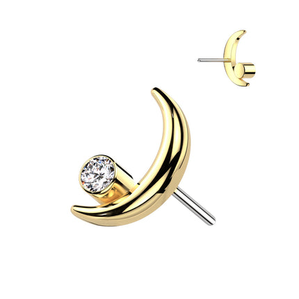Implant Grade Titanium Threaded Push In Crescent Moon Top With Bezel Set Clear Gem in Silver & Gold